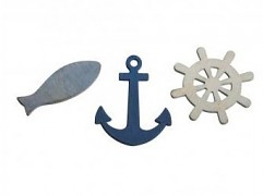 Wooden Objects anchor, wheel, Fish / 5,5cm / 9pcs