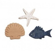 Wooden Objects fish, shell, seastar / 3,5cm / 18pcs