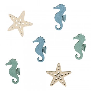 Drevené dekorácie Starfish+Seahorse / 3cm / 15ks