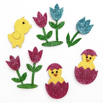 3D Glitter Stickers / Easter Hatching Eggs & Tulips / 6pcs 