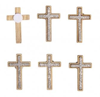 Small wooden objects Cross, 2.5x4cm, w. adh. dot, 12pcs, silver